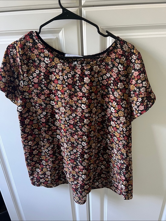Chris & Carol Tops - Chris & Carol Black Floral Short Sleeve Blouse with Pink and Yellow Accents